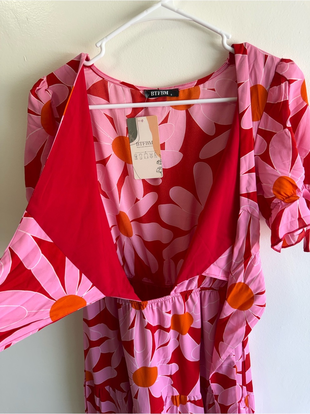 Bright Pink Floral Tie Front Tiered Skirt Maxi Dress size Small - Picture 3 of 6
